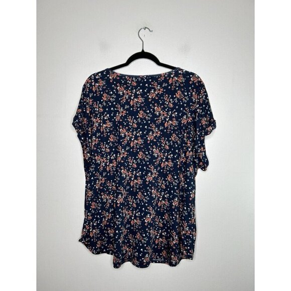 AUW Women’s Plus Blue Orange Floral Short Sleeve Bohemian Blouse Size 2X - Picture 9 of 10